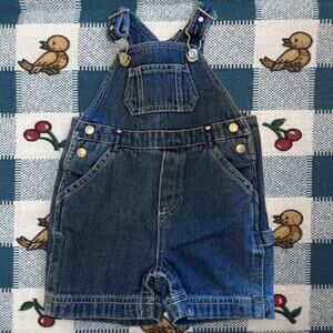 Vintage Gymboree blue denim cargo shortall overalls w/ baseballs Boys 3-6 month